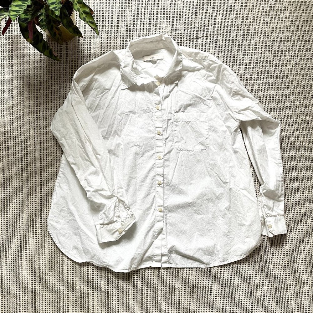LOFT blousy plain white button down with ruching